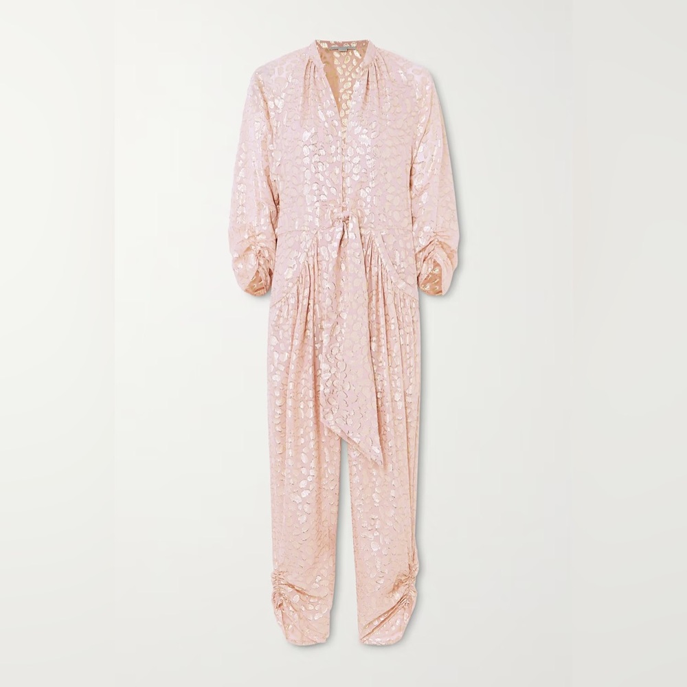 STELLA MCCARTNEY
Tie-front ruched metallic fil coupé silk-blend jumpsuit